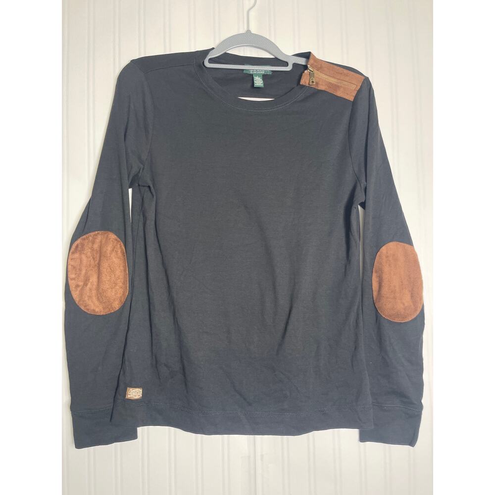 Lauren Jeans RL Suede Elbow Patch Zip Shoulder Top Women's Size Large Black Chic